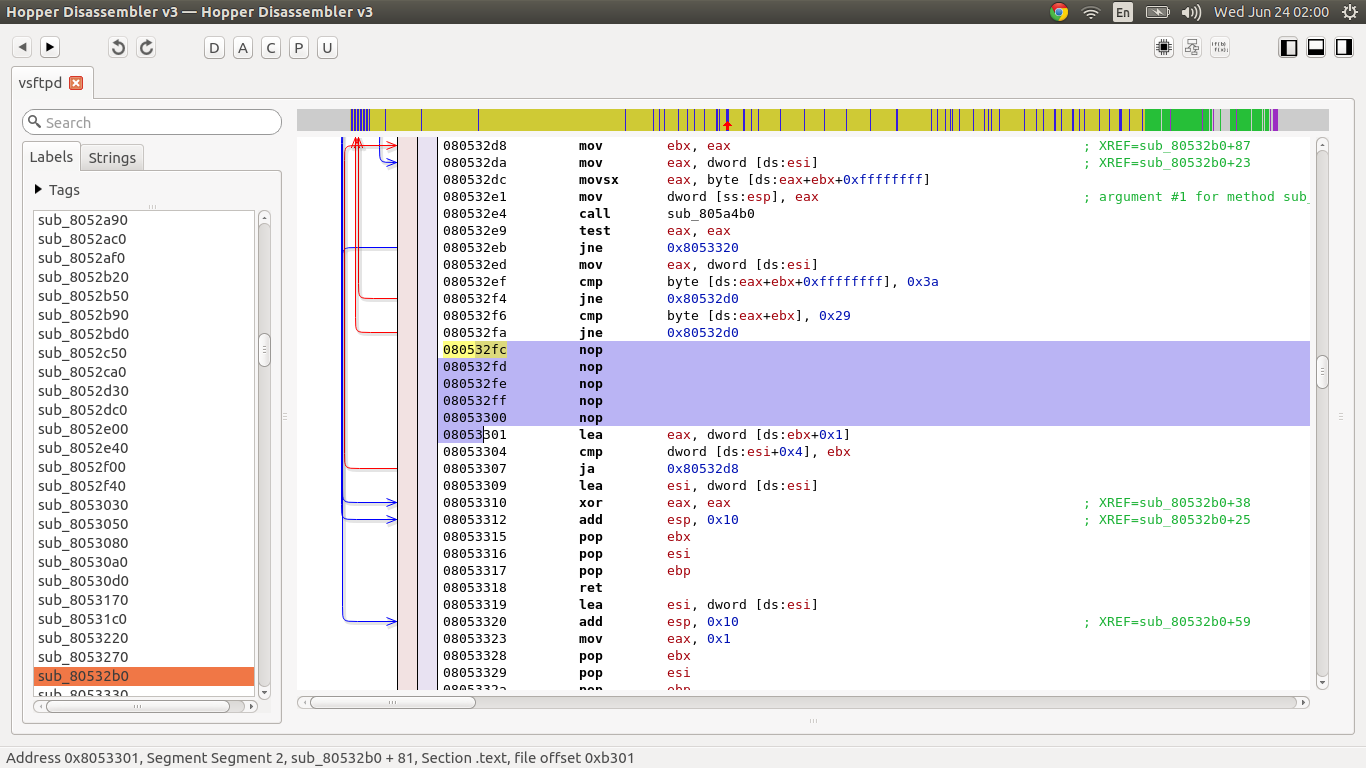 Using Hopper to NOP out the offending bytes